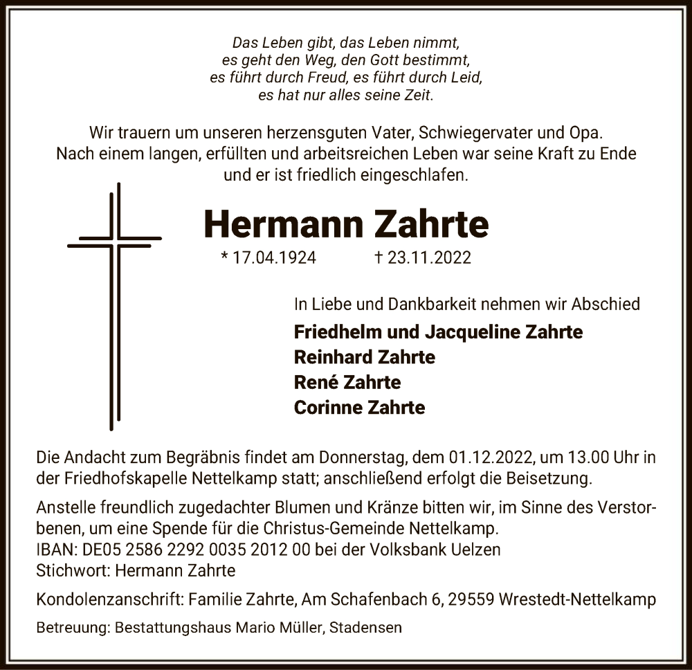  Traueranzeige für Hermann Zahrte vom 26.11.2022 aus UEL