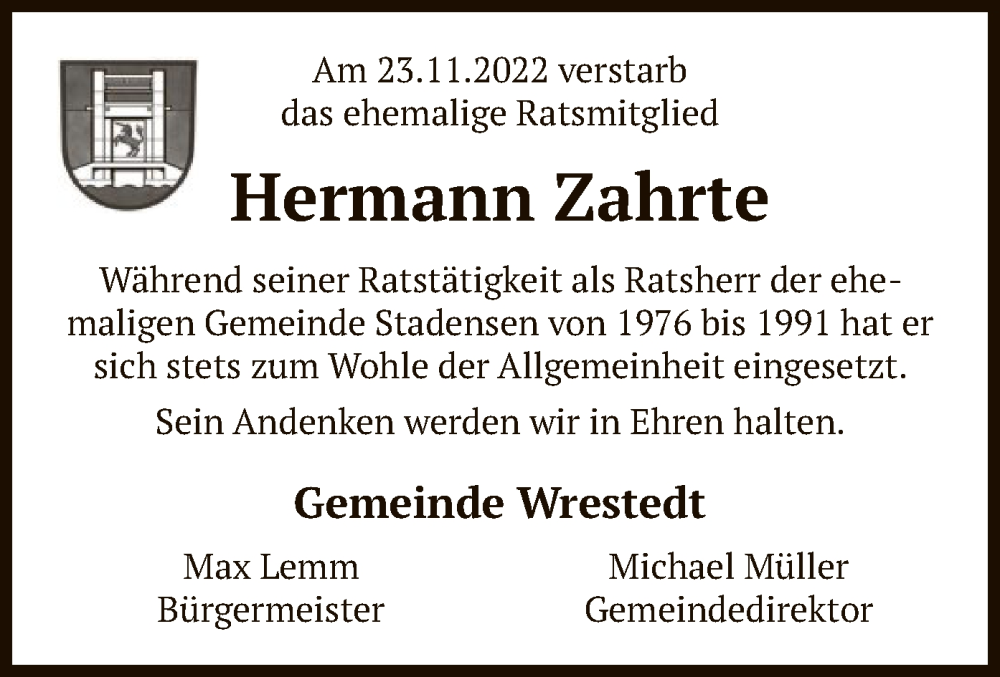  Traueranzeige für Hermann Zahrte vom 26.11.2022 aus UEL