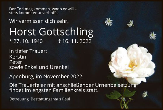 Traueranzeige von Horst Gottschling von UEL