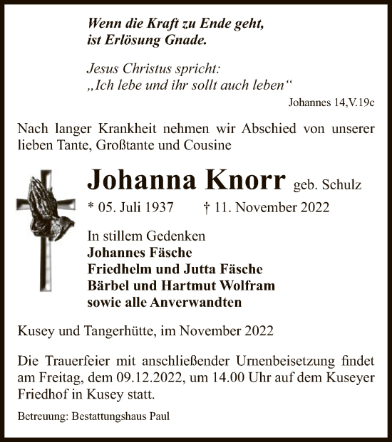 Traueranzeige von Johanna Knorr von UEL