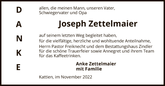 Traueranzeige von Joseph Zettelmaier von UEL