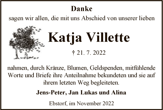 Traueranzeige von Katja Villette von UEL