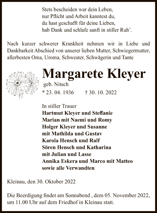 Traueranzeige von Margarete Kleyer von UEL