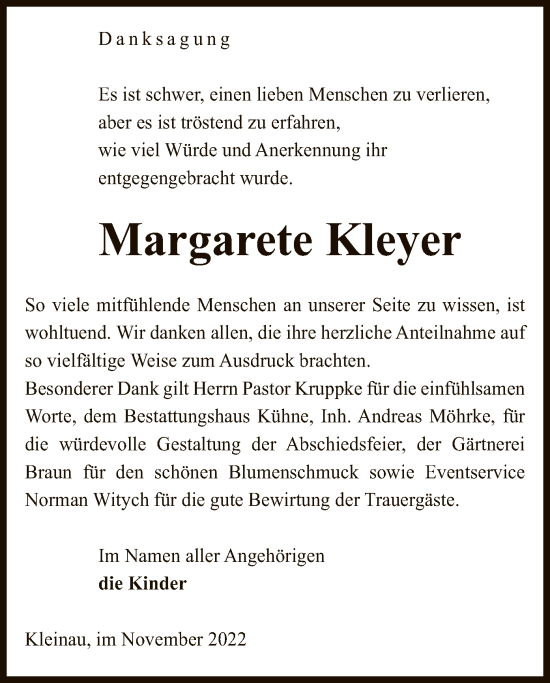 Traueranzeige von Margarete Kleyer von UEL