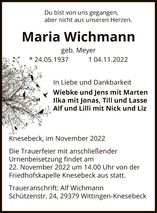 Traueranzeige von Maria Wichmann von UEL