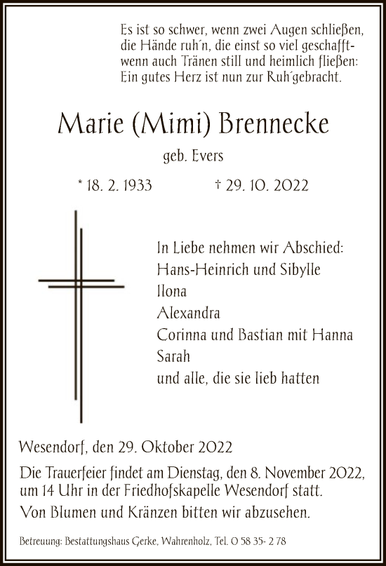 Traueranzeige von Marie Brennecke von UEL