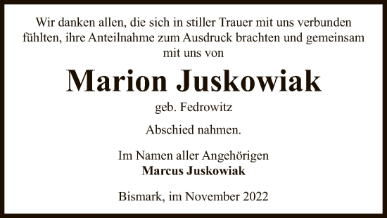 Traueranzeige von Marion Juskowiak von UEL