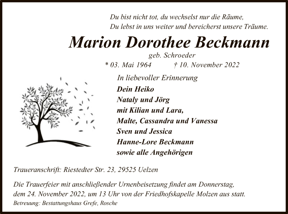  Traueranzeige für Marion Dorothee Beckmann vom 19.11.2022 aus UEL