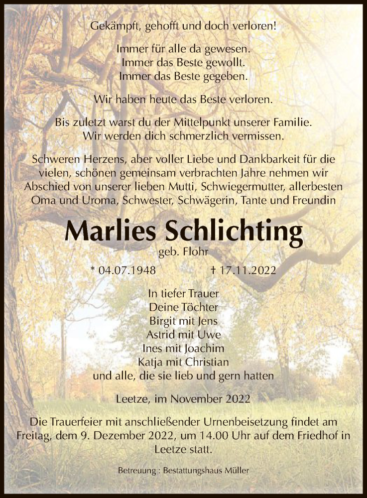  Traueranzeige für Marlies Schlichting vom 19.11.2022 aus UEL
