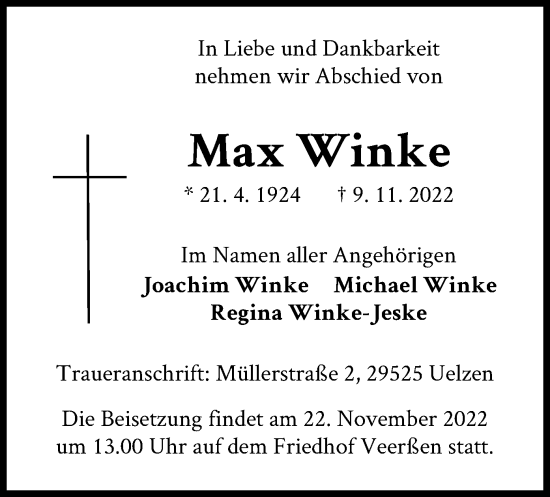 Traueranzeige von Max Winke von UEL