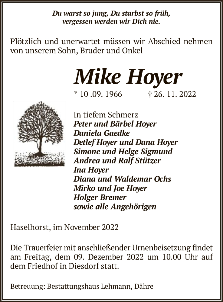  Traueranzeige für Mike Hoyer vom 30.11.2022 aus UEL