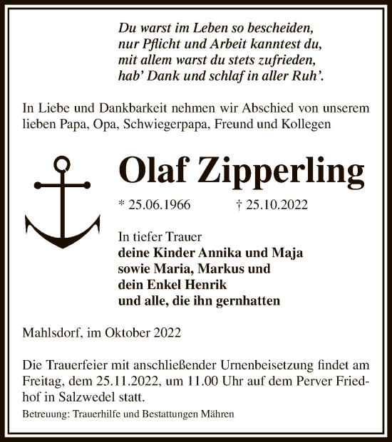 Traueranzeige von Olaf Zipperling von UEL