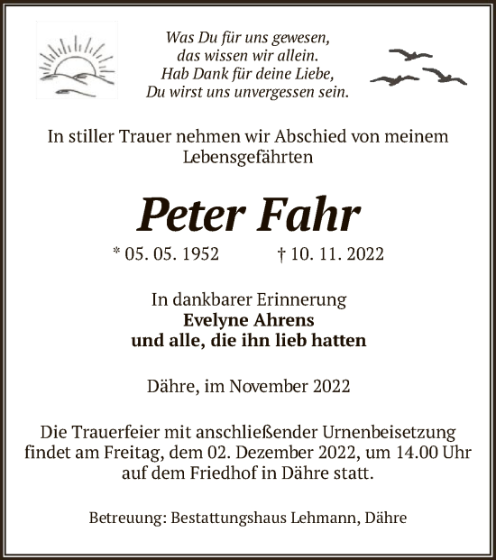 Traueranzeige von Peter Fahr von UEL