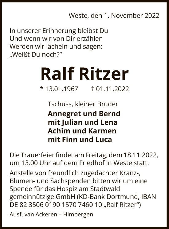 Traueranzeige von Ralf Ritzer von UEL