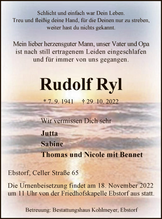 Traueranzeige von Rudolf Ryl von UEL