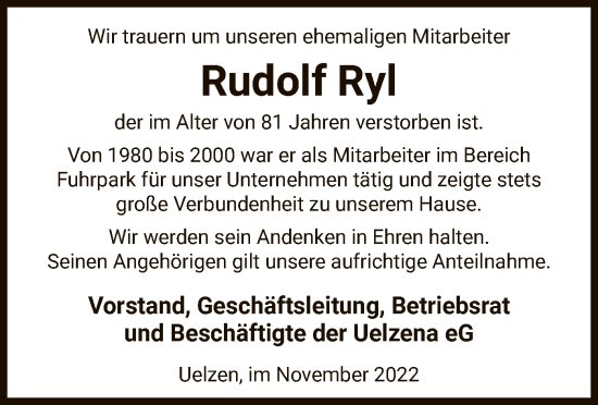 Traueranzeige von Rudolf Ryl von UEL