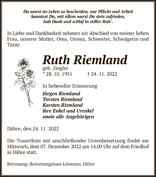 Traueranzeige von Ruth Riemland von UEL