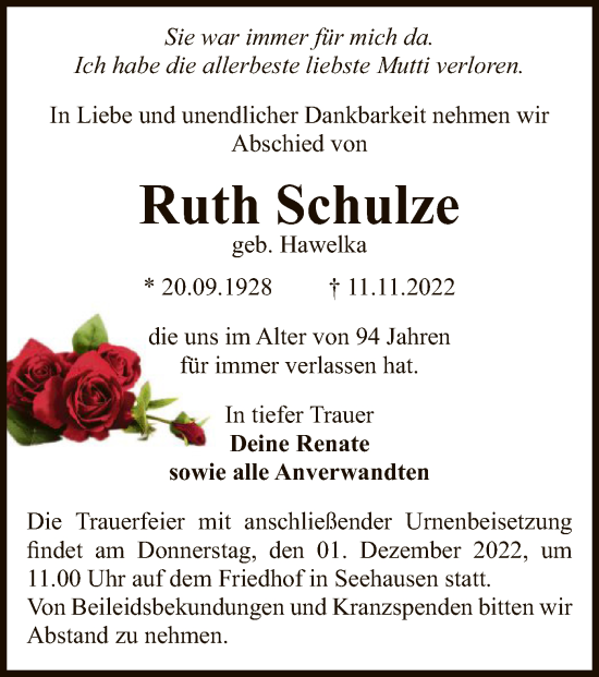 Traueranzeige von Ruth Schulze von UEL