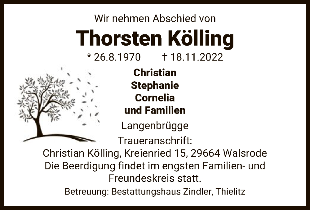  Traueranzeige für Thorsten Kölling vom 23.11.2022 aus UEL