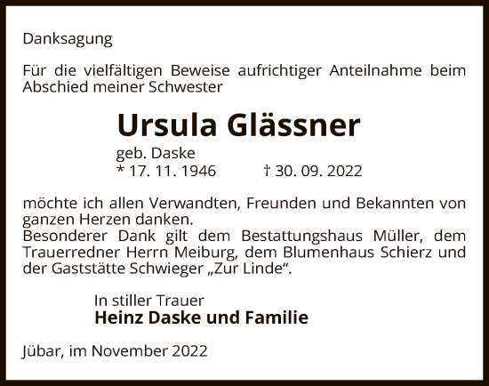 Traueranzeige von Ursula Glässner von UEL