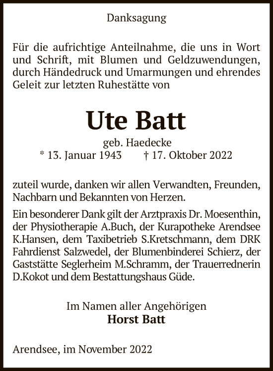 Traueranzeige von Ute Batt von UEL
