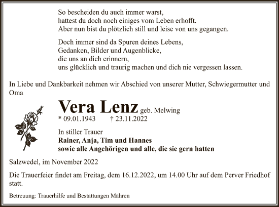 Traueranzeige von Vera Lenz von UEL