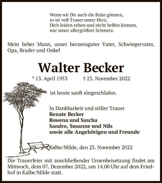 Traueranzeige von Walter Becker von UEL