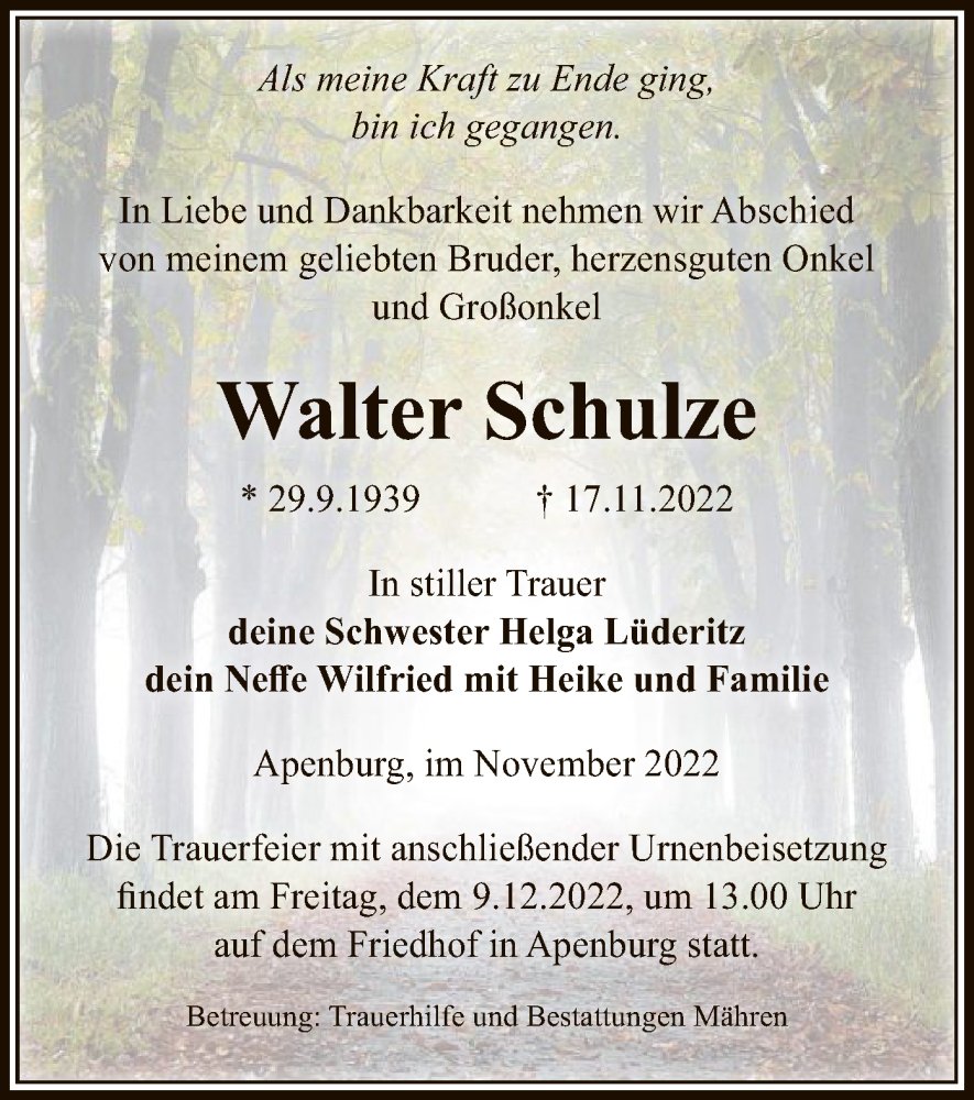  Traueranzeige für Walter Schulze vom 22.11.2022 aus UEL