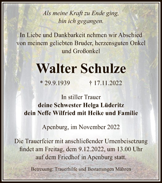 Traueranzeige von Walter Schulze von UEL