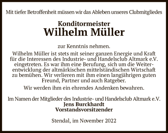 Traueranzeige von Wilhelm Müller von UEL