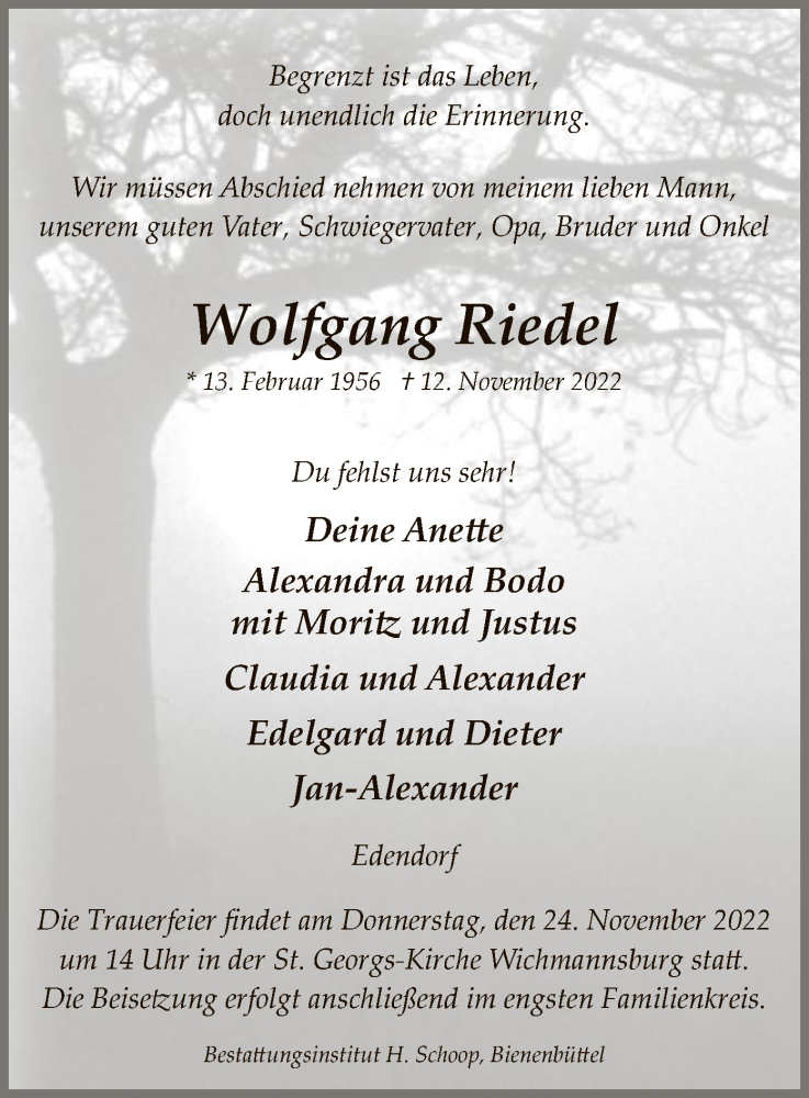  Traueranzeige für Wolfgang Riedel vom 19.11.2022 aus UEL