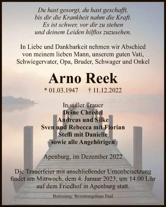 Traueranzeige von Arno Reek von UEL