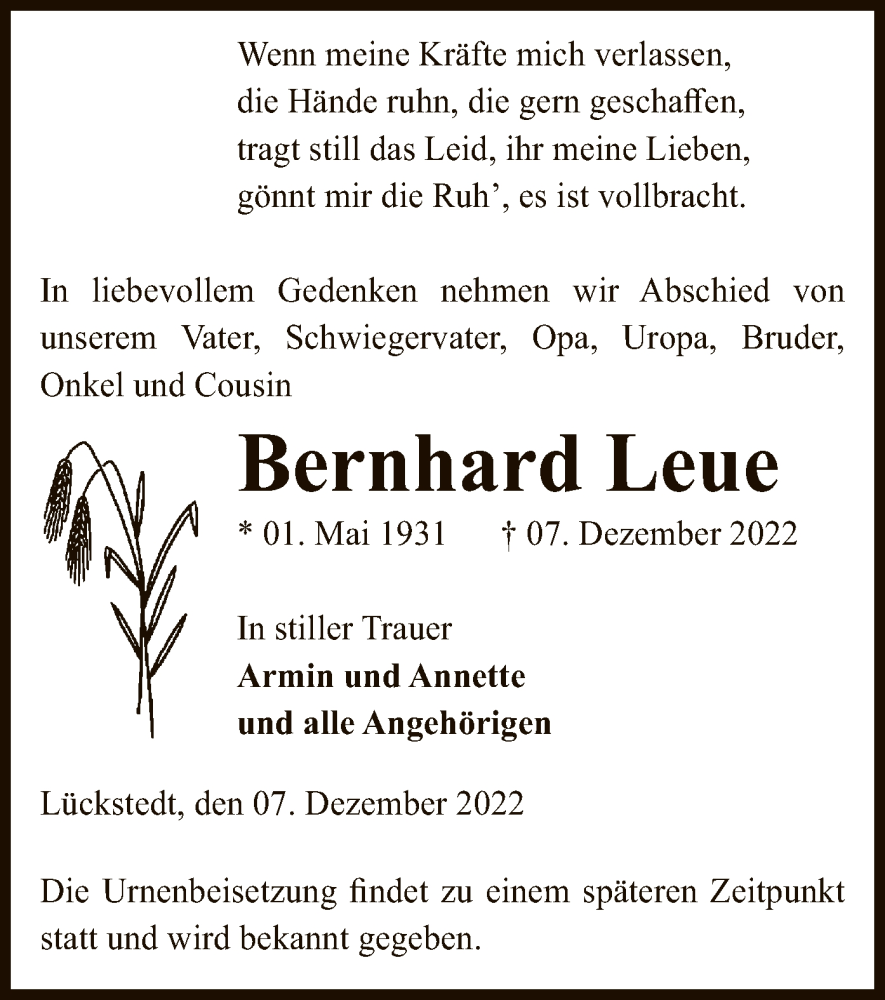  Traueranzeige für Bernhard Leue vom 09.12.2022 aus UEL