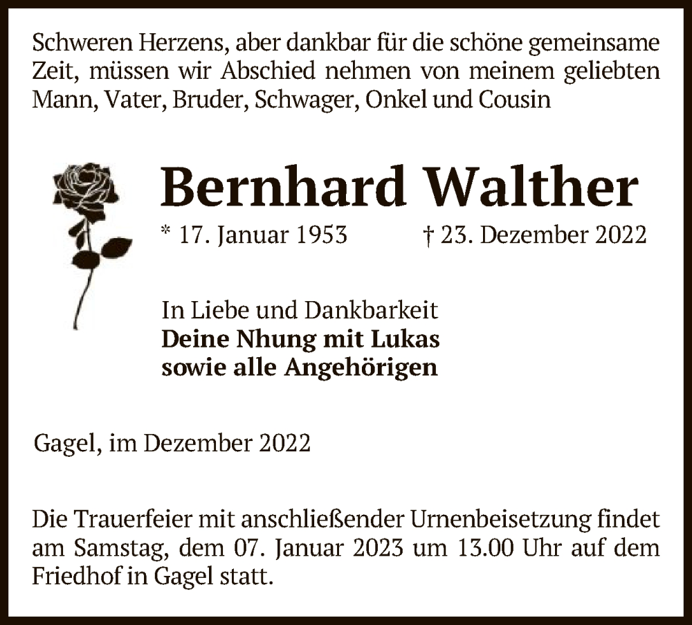  Traueranzeige für Bernhard Walther vom 31.12.2022 aus UEL