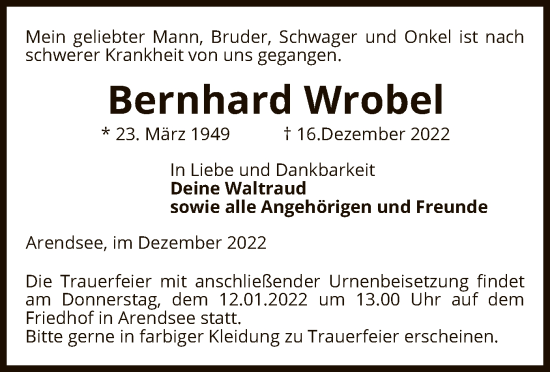 Traueranzeige von Bernhard Wrobel von UEL
