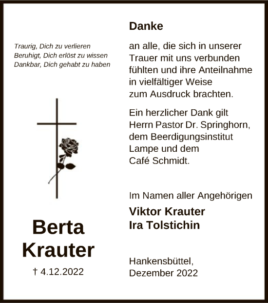 Traueranzeige von Berta Krauter von UEL