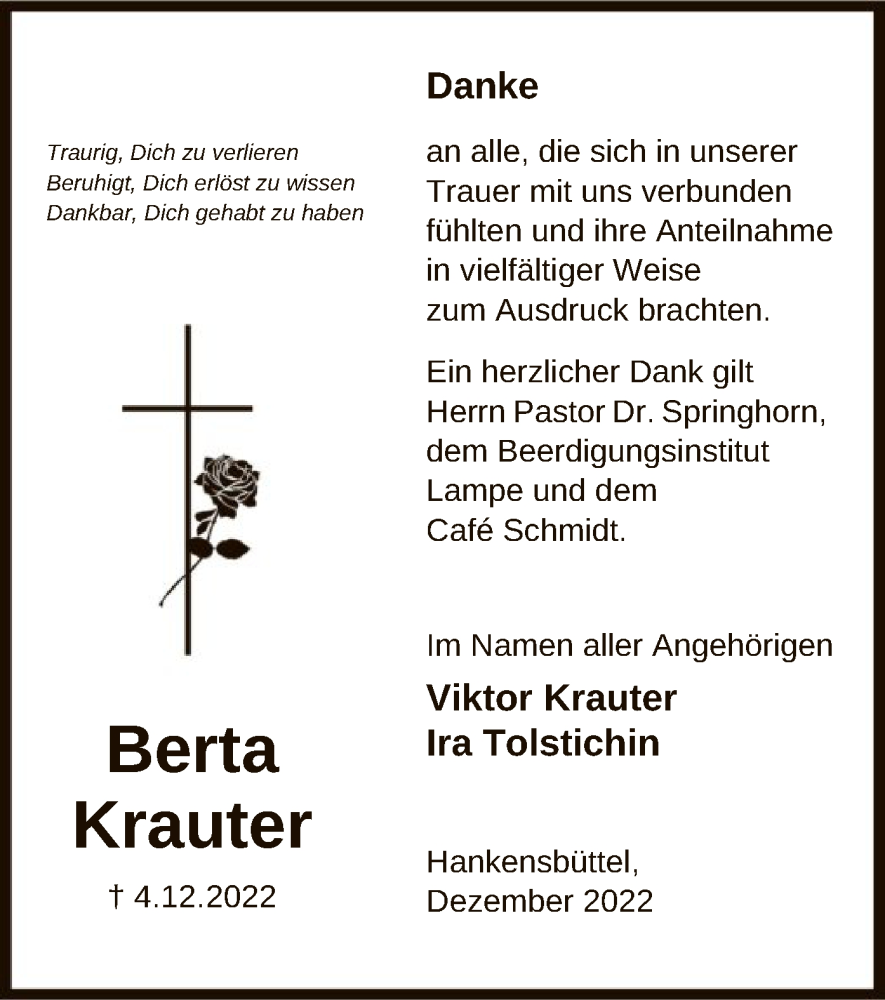  Traueranzeige für Berta Krauter vom 22.12.2022 aus UEL