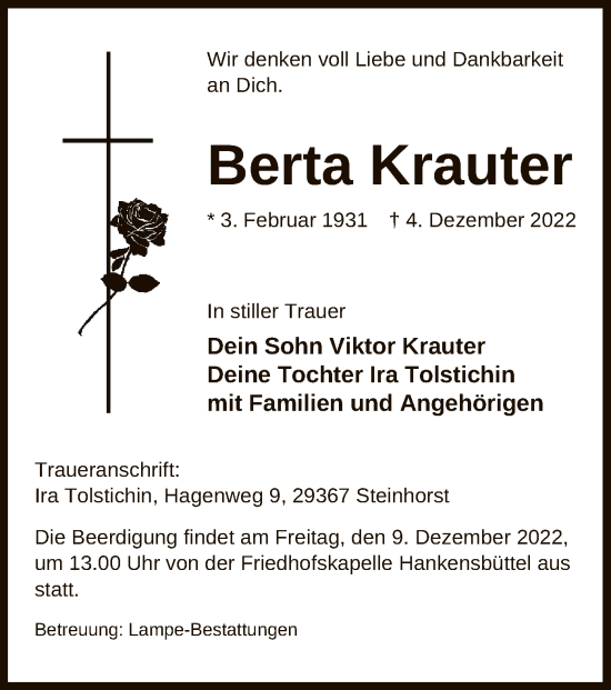 Traueranzeige von Berta Krauter von UEL