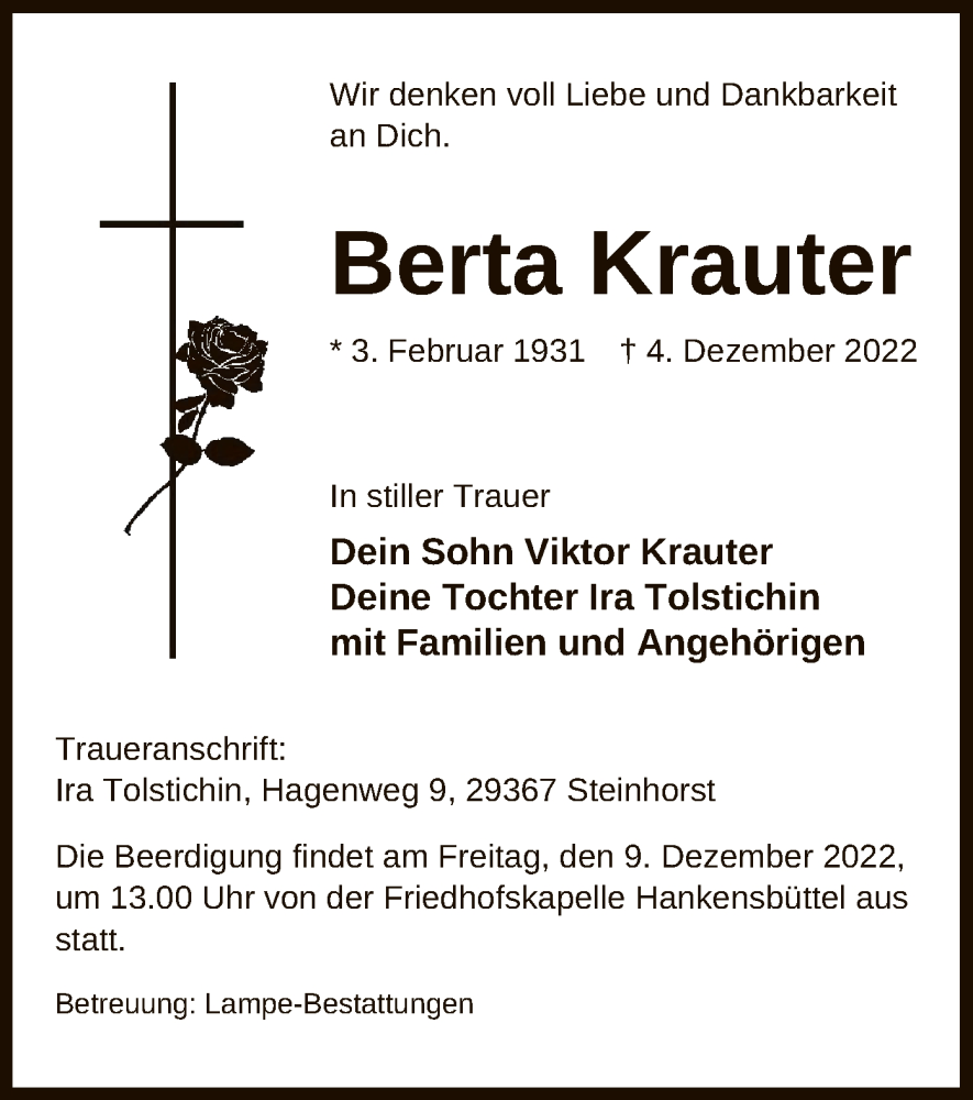  Traueranzeige für Berta Krauter vom 07.12.2022 aus UEL