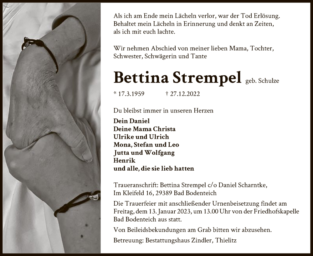  Traueranzeige für Bettina Strempel vom 31.12.2022 aus UEL