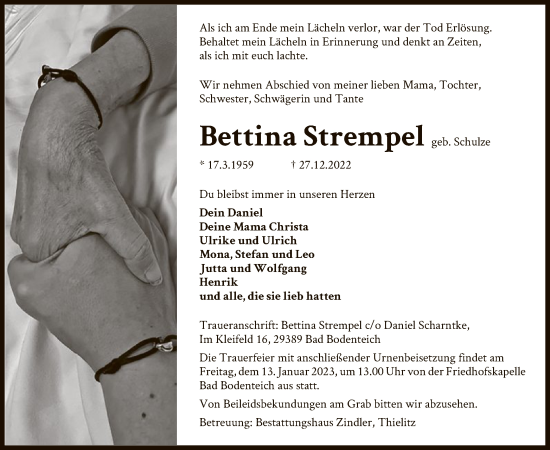 Traueranzeige von Bettina Strempel von UEL