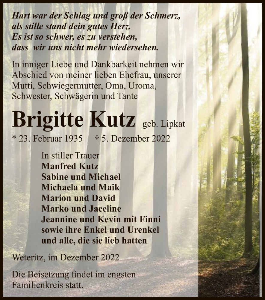  Traueranzeige für Brigitte Kutz vom 08.12.2022 aus UEL