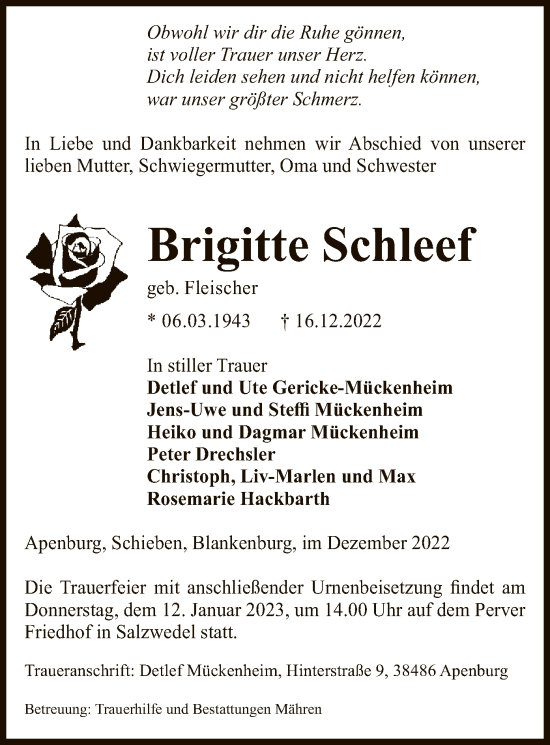 Traueranzeige von Brigitte Schleef von UEL