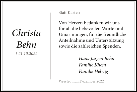 Traueranzeige von Christa Behn von UEL