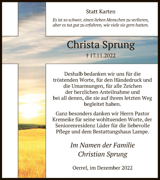 Traueranzeige von Christa Sprung von UEL