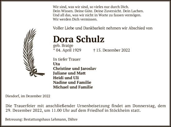 Traueranzeige von Dora Schulz von UEL