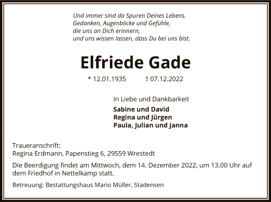 Traueranzeige von Elfriede Gade von UEL