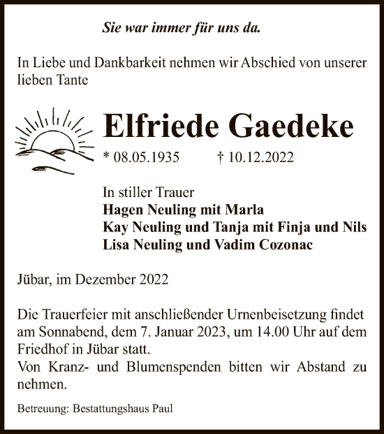 Traueranzeige von Elfriede Gaedeke von UEL