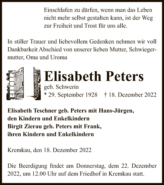 Traueranzeige von Elisabeth Peters von UEL