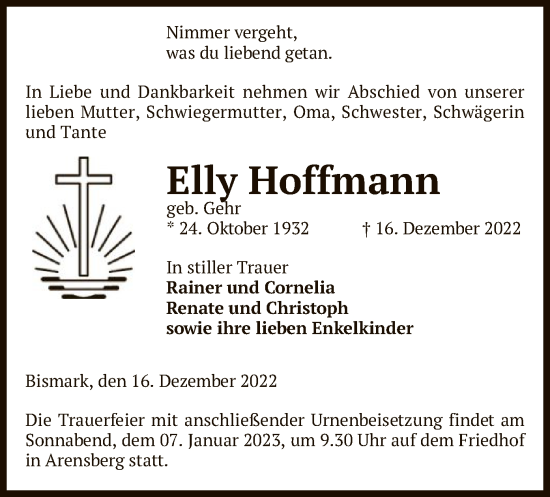 Traueranzeige von Elly Hoffmann von UEL